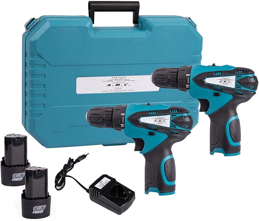 Coppia di trapani avvitatore e tassellatore da 18 Volts doppia batteria a litio, caricabatteria e valigetta inclusa, mandrino autoserrante con impugnatura ergonomica e sistema antivibrante