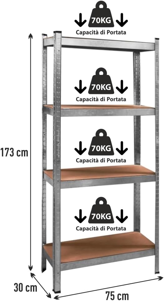 Scaffale in Metallo Zincato per Carichi Pesanti 4 Ripiani Capacità di Carico 280 Kg Scaffale per Garage, Dispensa, Lavanderia, Ufficio