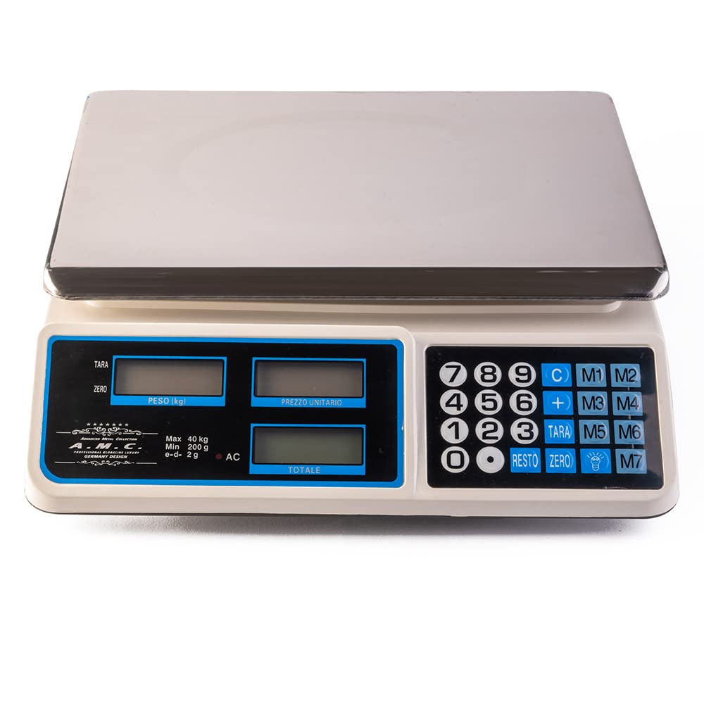 Bilancia elettronica digitale da banco con 7 tasti di memoria, acciaio inox, 6 lcd, totale e peso portata max 40 kg divisione 2g