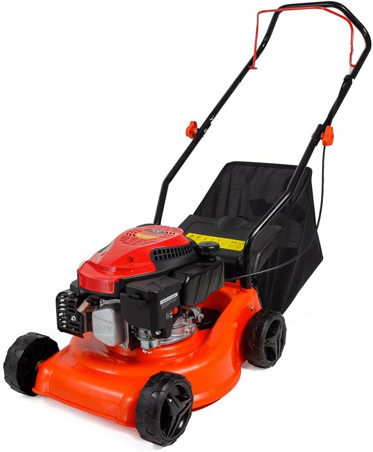 Tagliaerba a spinta con motore a scoppio da 144 cc e 30 kw, ampiezza di taglio regolabile su 7 livelli, 4 ruote livellate su unico piano per evitare zolle vuote adatto a professionisti