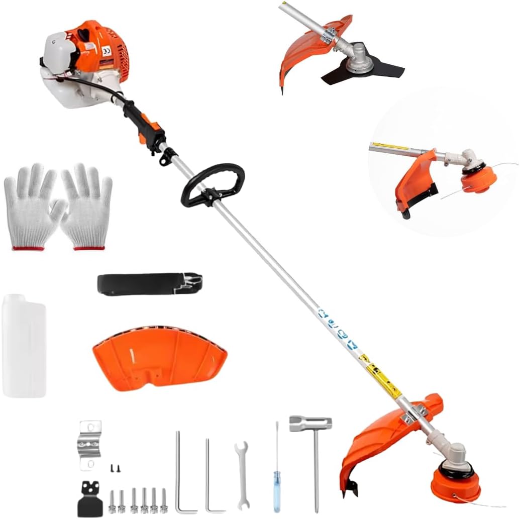Decespugliatore a Scoppio 52cc con Testina Doppio Filo da 2 mm e Tagliabordi Professionale Multifunzione con Disco 3 Denti in Acciaio Rinforzato