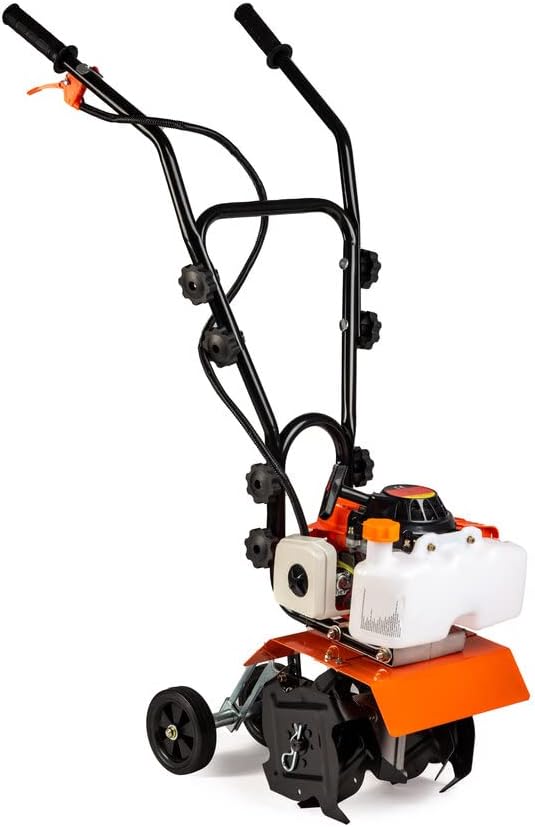 Motozappa motocoltivatore zappatrica con motore a scoppio 2 tempi da 52cc e 3,7 cv di potenza con una larghezza del raggio di lavoro di 30 cm e profondità di 15 cm zappette in acciaio rinforzato