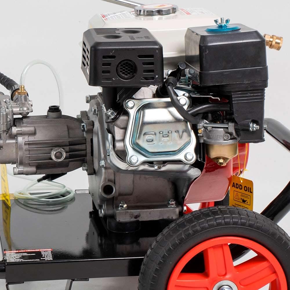 Idropulitrice a scoppio motore ohv a benzina da 6,59 Cv di potenza comprensivo di lancia a spruzzo e 5 ugelli di erogazione pressione 200 bar adatto per fai da te e professionisti