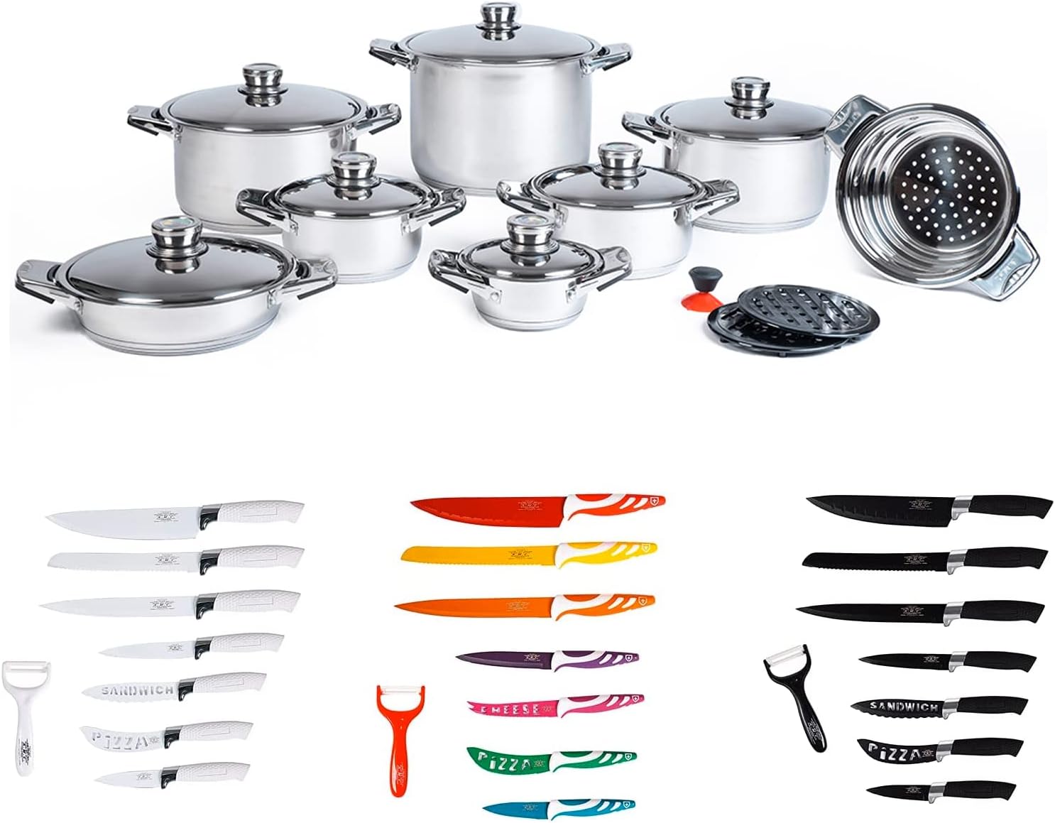 Set batteria di pentole e tegami in acciaio inox 18/10, tradizionale e induzione kit 18 pz con omaggio set coltelli in ceramica antibatterici da 8 pz, fondo con triplo strato incapsulato