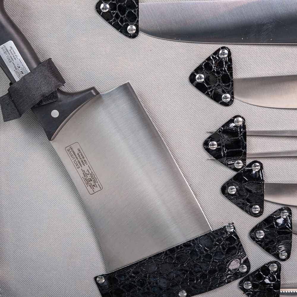 Set di coltelli da cucina da 12 pezzi acciaio inox e manico ergonomico rivettato, set coltelli barbecue e lama affilata design tedesco superficie antibatterica con valigetta elegante, idea regalo