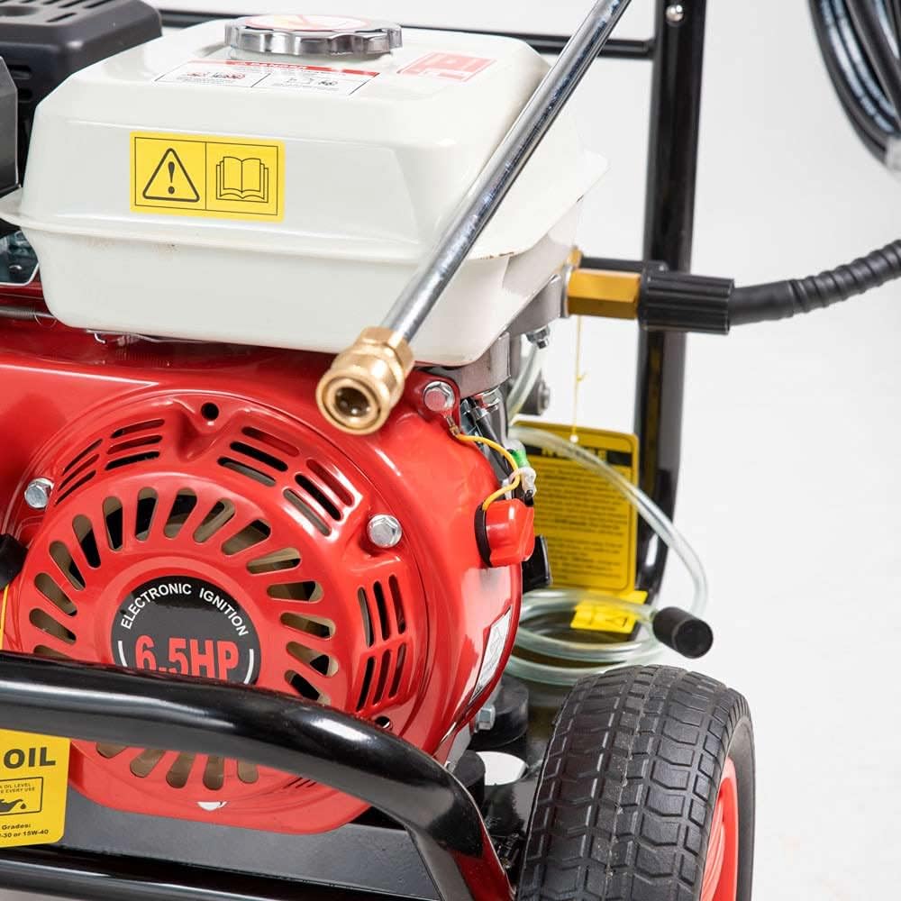 Idropulitrice a scoppio motore ohv a benzina da 6,59 Cv di potenza comprensivo di lancia a spruzzo e 5 ugelli di erogazione pressione 200 bar adatto per fai da te e professionisti