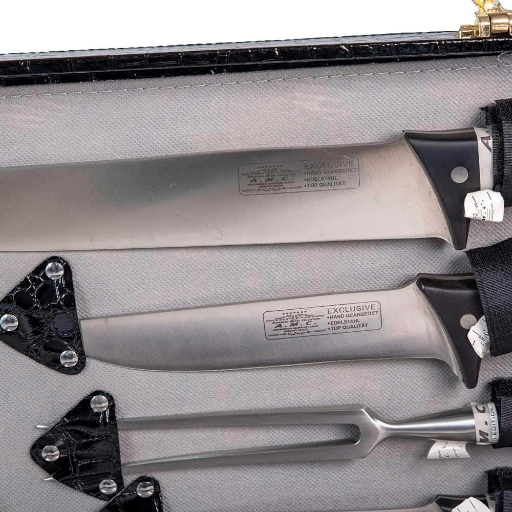 Set di coltelli da cucina da 12 pezzi acciaio inox e manico ergonomico rivettato, set coltelli barbecue e lama affilata design tedesco superficie antibatterica con valigetta elegante, idea regalo