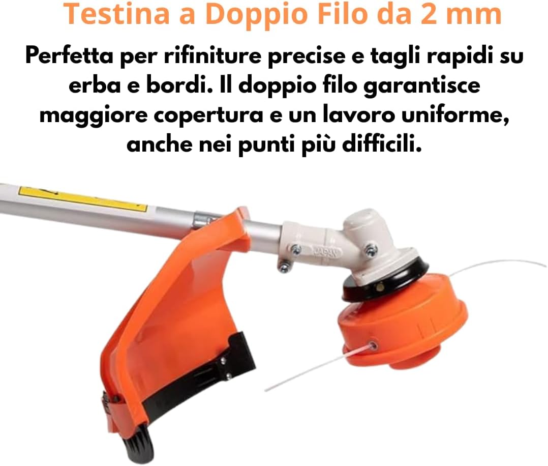 Decespugliatore a Scoppio 52cc con Testina Doppio Filo da 2 mm e Tagliabordi Professionale Multifunzione con Disco 3 Denti in Acciaio Rinforzato