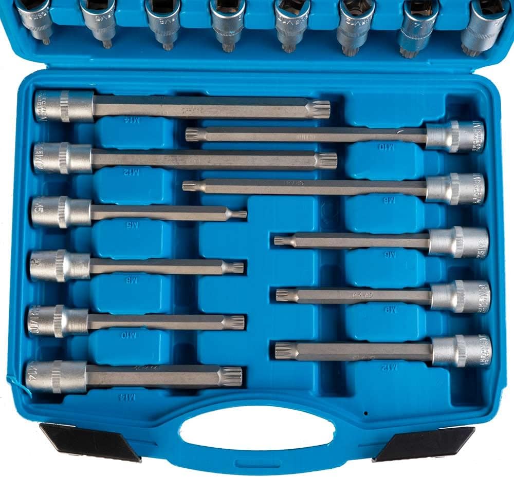 Set di bussole 1/2 pollice composto da ben 88 pezzi di bussole scanalate, esagonali e torx tutti i set sono comprensivi di valigetta portautensili così da poter individuare facilmente le misure