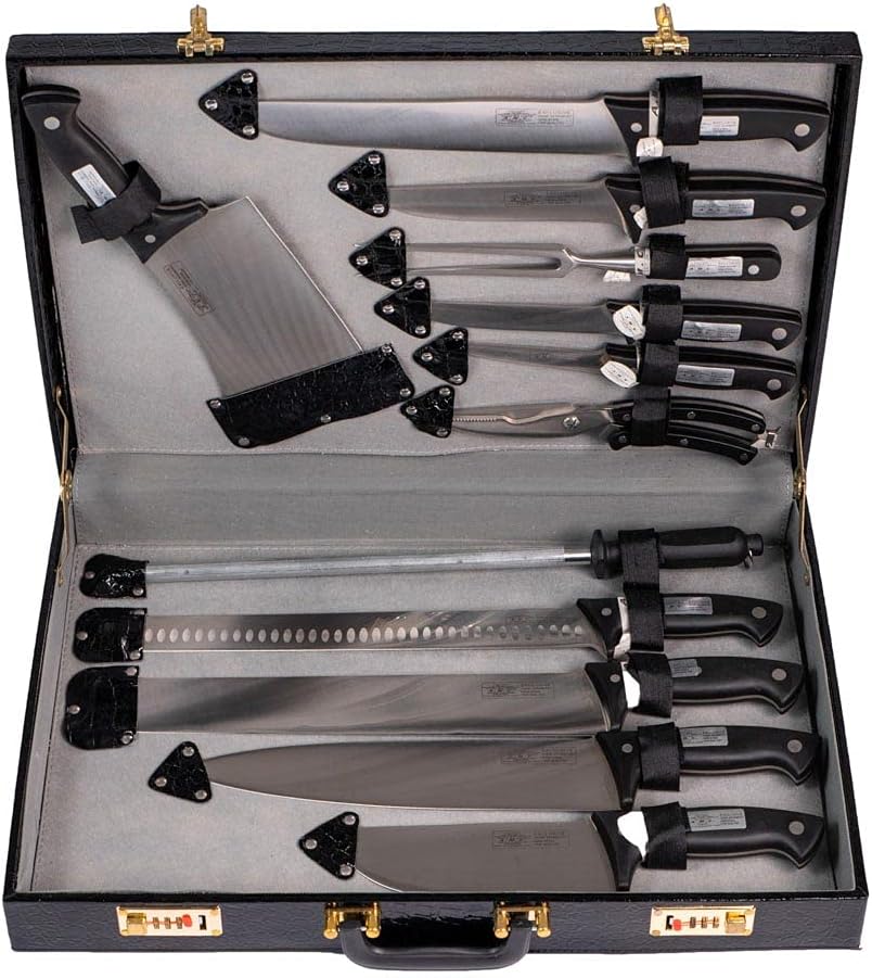 Set di coltelli da cucina da 12 pezzi acciaio inox e manico ergonomico rivettato, set coltelli barbecue e lama affilata design tedesco superficie antibatterica con valigetta elegante, idea regalo