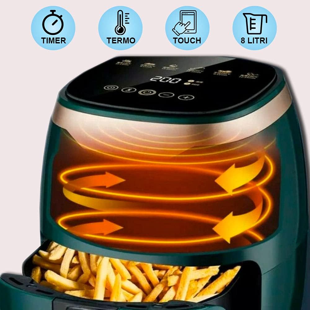 Friggitrice ad aria calda elettrica da 8 Litri, Friggitrice aria Senza Olio con Touch Screen LCD, fornetto elettrico da 1500W con 6 metodi di cottura, Cestino Staccabile, Senza BPA,8L,1500 W