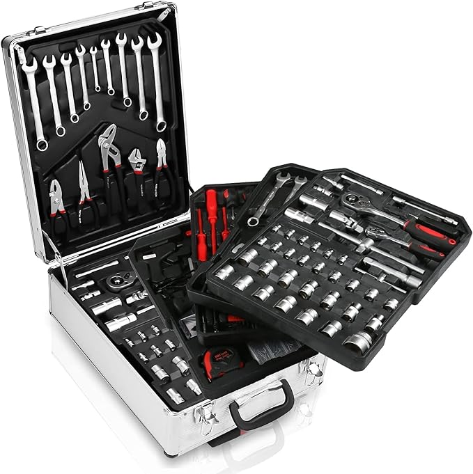 Trolley Set Attrezzi Utensili da Lavoro Professionali 849 pezzi Custodia Trolley Valigia 4 livelli Portattrezzi Cassetta Portautensili in Alluminio con Ruote e Manico Telescopico