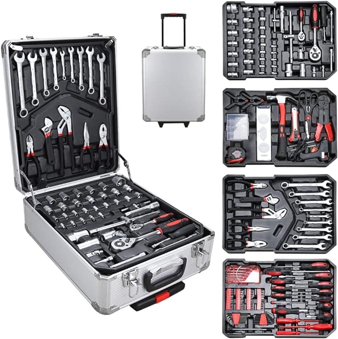 Trolley Set Attrezzi Utensili da Lavoro Professionali 849 pezzi Custodia Trolley Valigia 4 livelli Portattrezzi Cassetta Portautensili in Alluminio con Ruote e Manico Telescopico